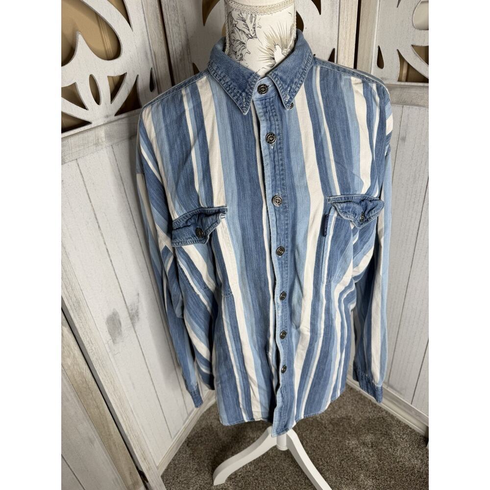VINTAGE Blue Denim Jean Striped Preppy Cowboy Size XL Men’s 90s Button Down